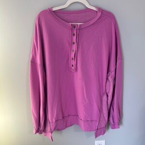 Casual Oversized Purple Button-Up Raw Hem Sweatshirt